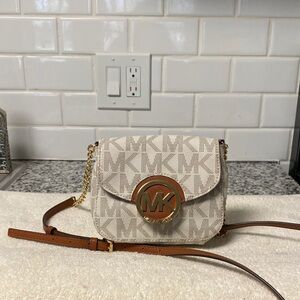 Michael Kors Cream Logo Crossbody with Brown Trim and Gold Hardware
